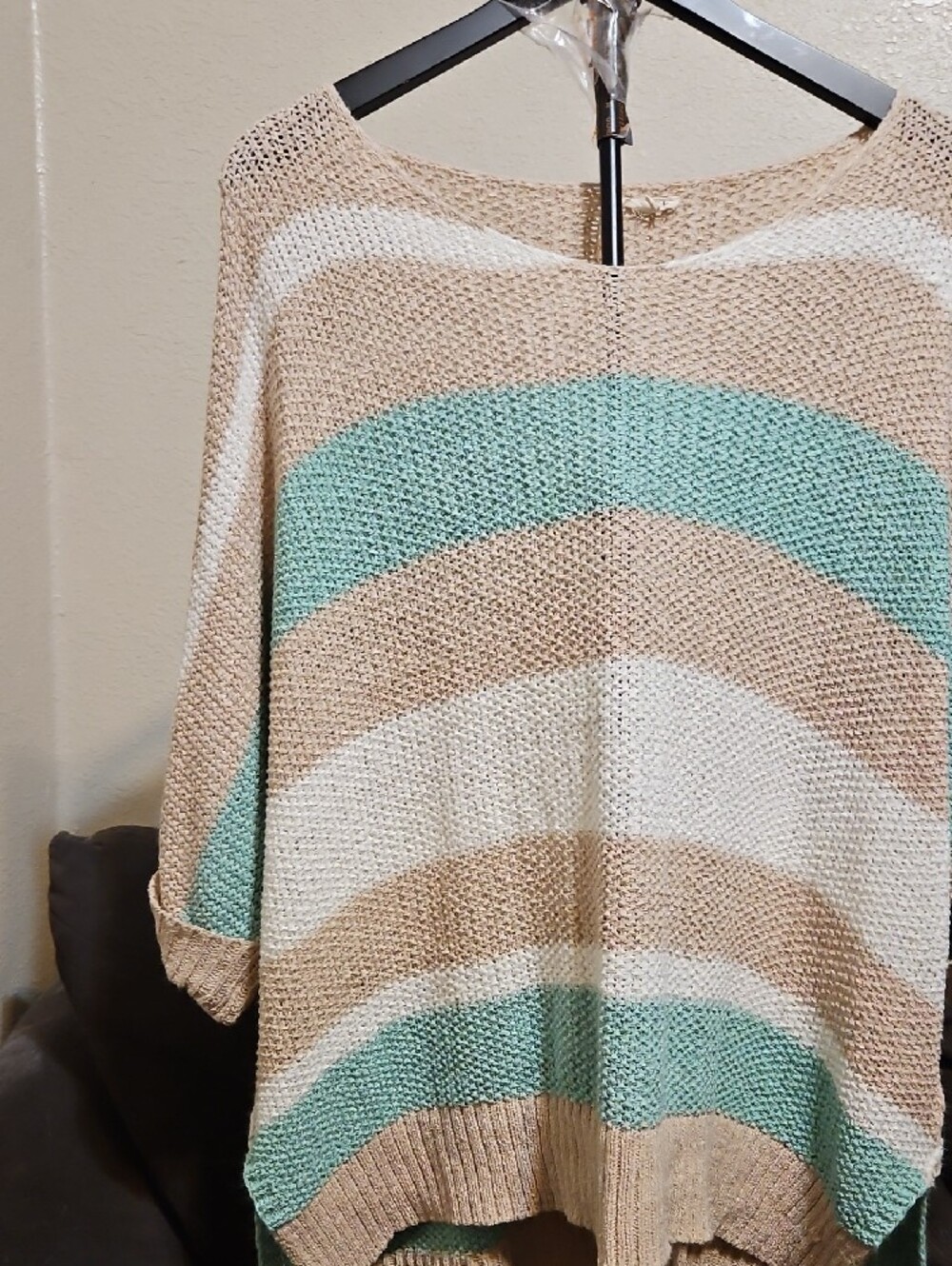 JODIFL Oversized Striped Scoopneck Knit Sweater in Beige, White & Mint Green - Picture 2 of 7